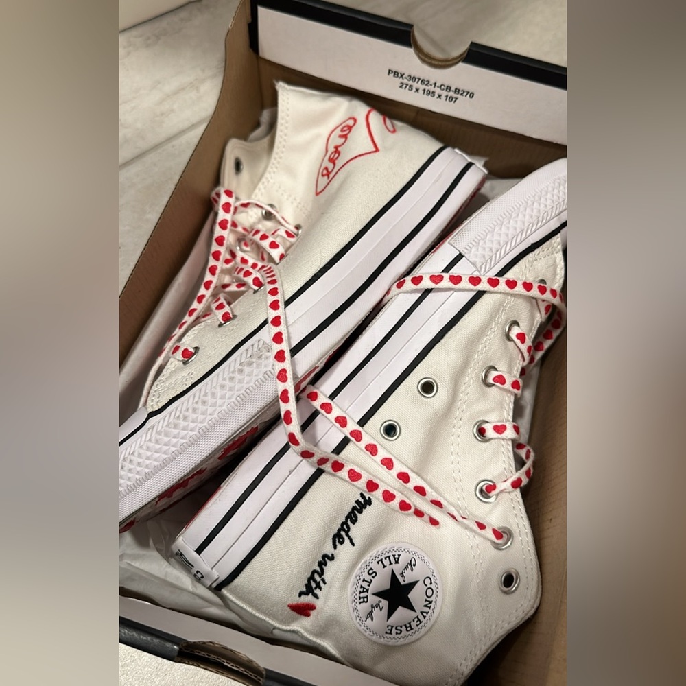 converse cream white sneakers hearts made with love